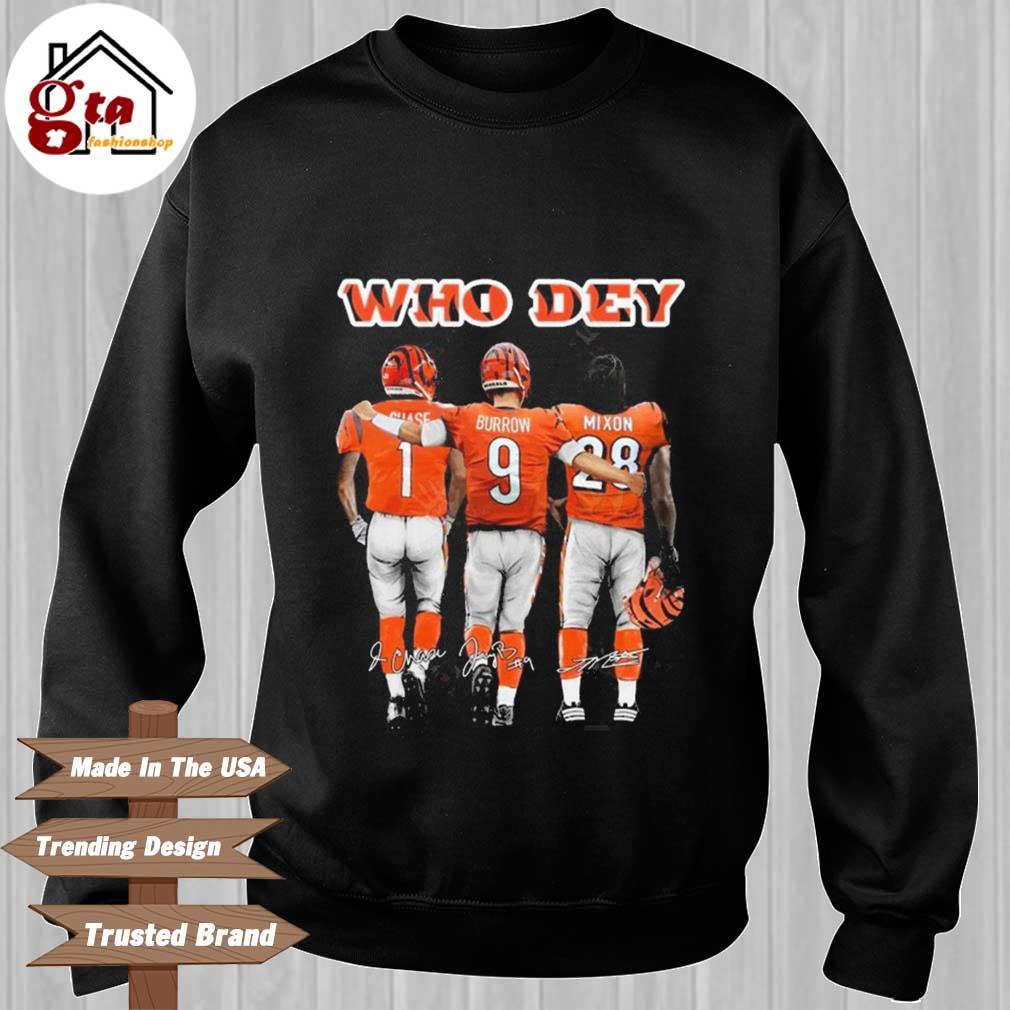 Cincinnati Bengals Who Dey Chase Burrow Mixon Signatures Unisex Shirt -  Jolly Family Gifts