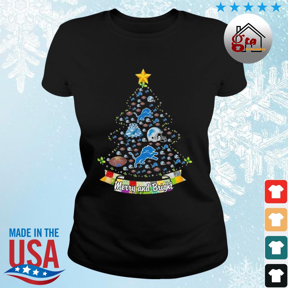 Merry And Bright Detroit Lion NFL Christmas Tree 2022 Shirt ladies