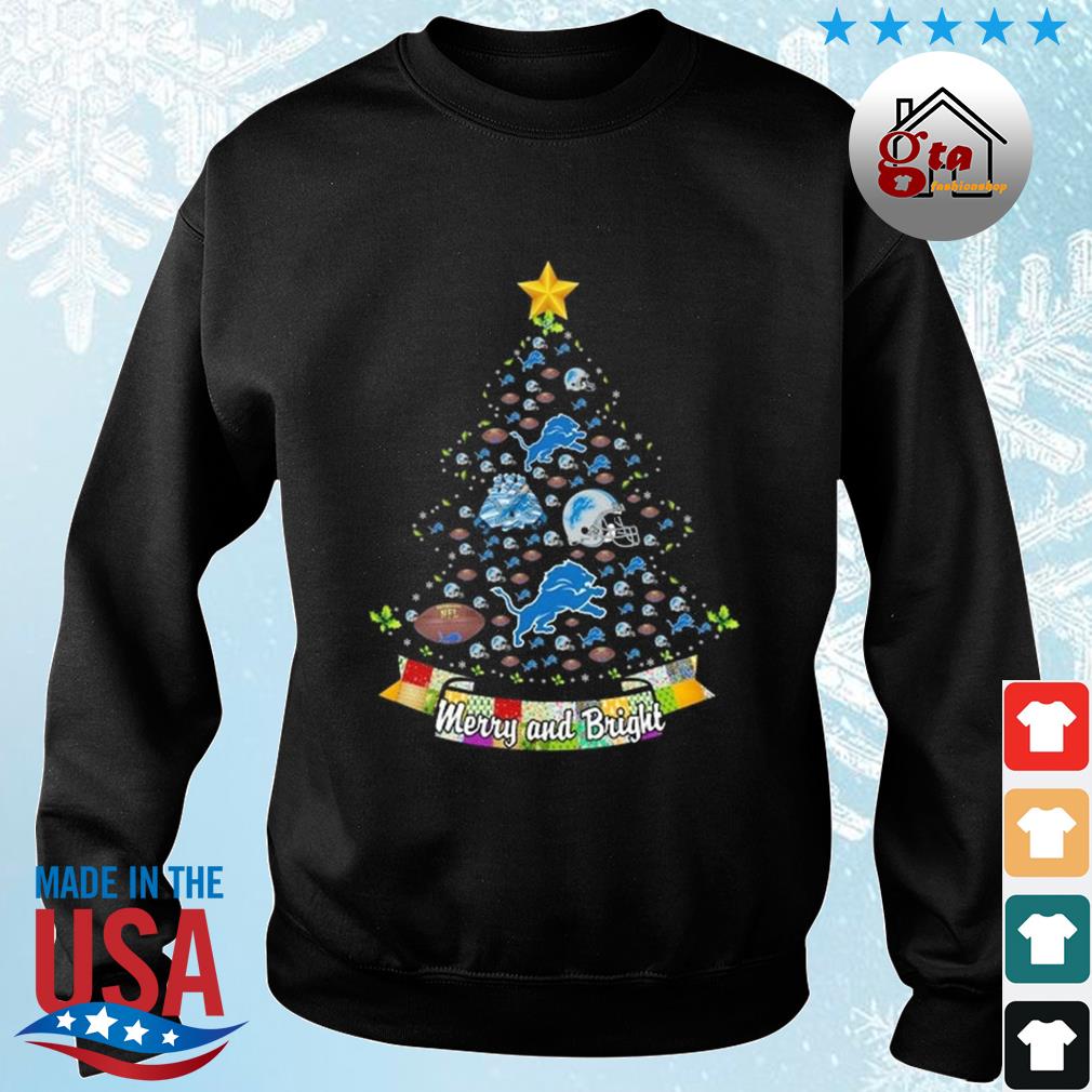 Merry And Bright Detroit Lion NFL Christmas Tree 2022 Shirt sweater