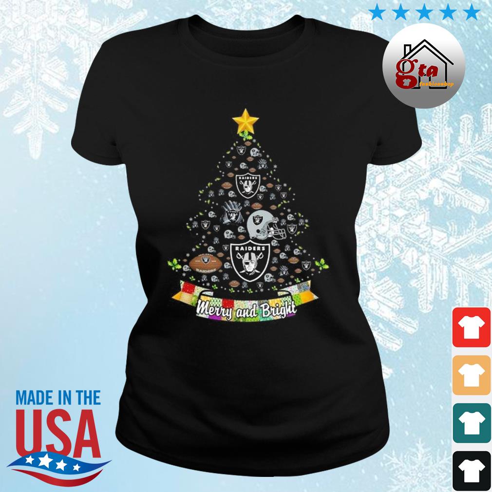 Merry And Bright Oakland Raiders NFL Christmas Tree 2022 Shirt ladies