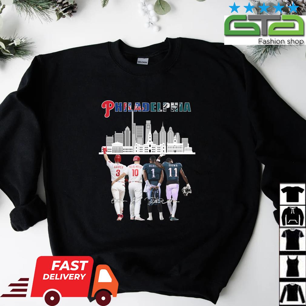 Philadelphia skyline philadelphia phillies and philadelphia eagles  signatures 2022 shirt, hoodie, sweater, long sleeve and tank top