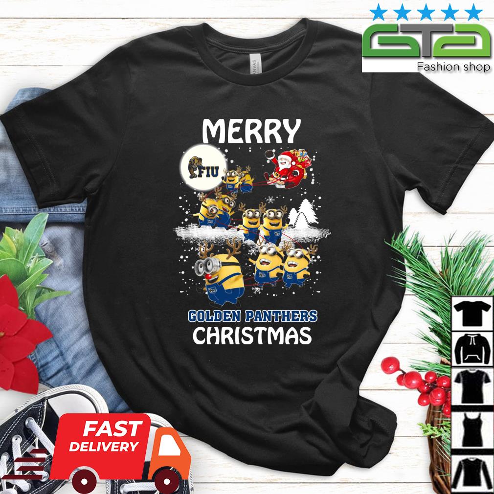 Santa Claus With Sleigh Minions Fiu Golden Panthers Christmas Sweater