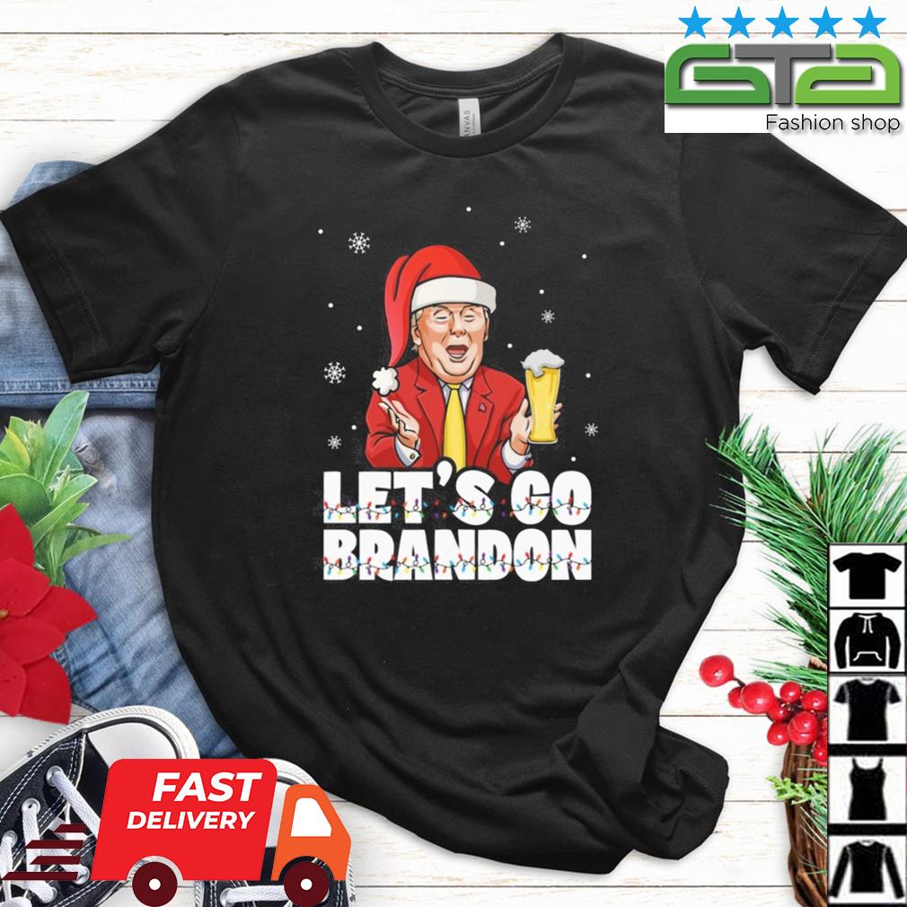 Santa Trump Drinking Beer let's Go Brandon Light Christmas Sweater