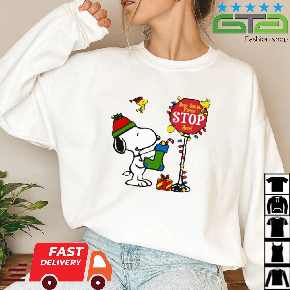 Snoopy And Woodstock Dear Santa Please Stop Here Christmas 2022 Sweater