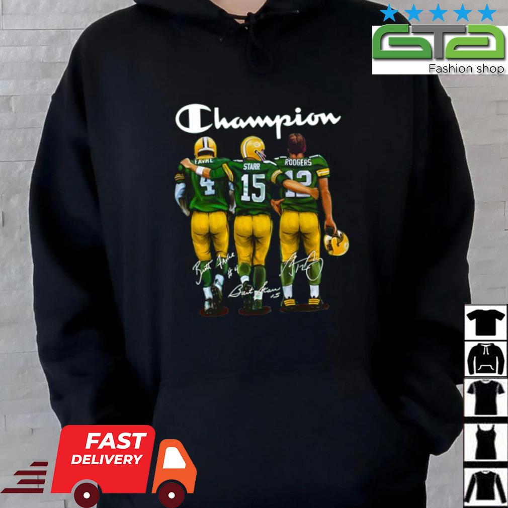 Green Bay Packers Champion Quarterback Brett Favre Bart Starr and Aaron  Rodgers signatures shirt,Sweater, Hoodie, And Long Sleeved, Ladies, Tank Top