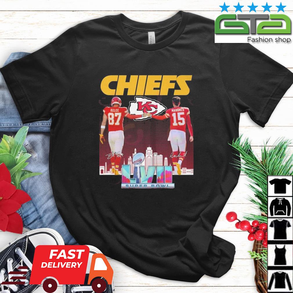 2023 Kansas City Chiefs LVII Super Bowl Champions Kelce 87 And Mahomes 15 Signatures Shirt