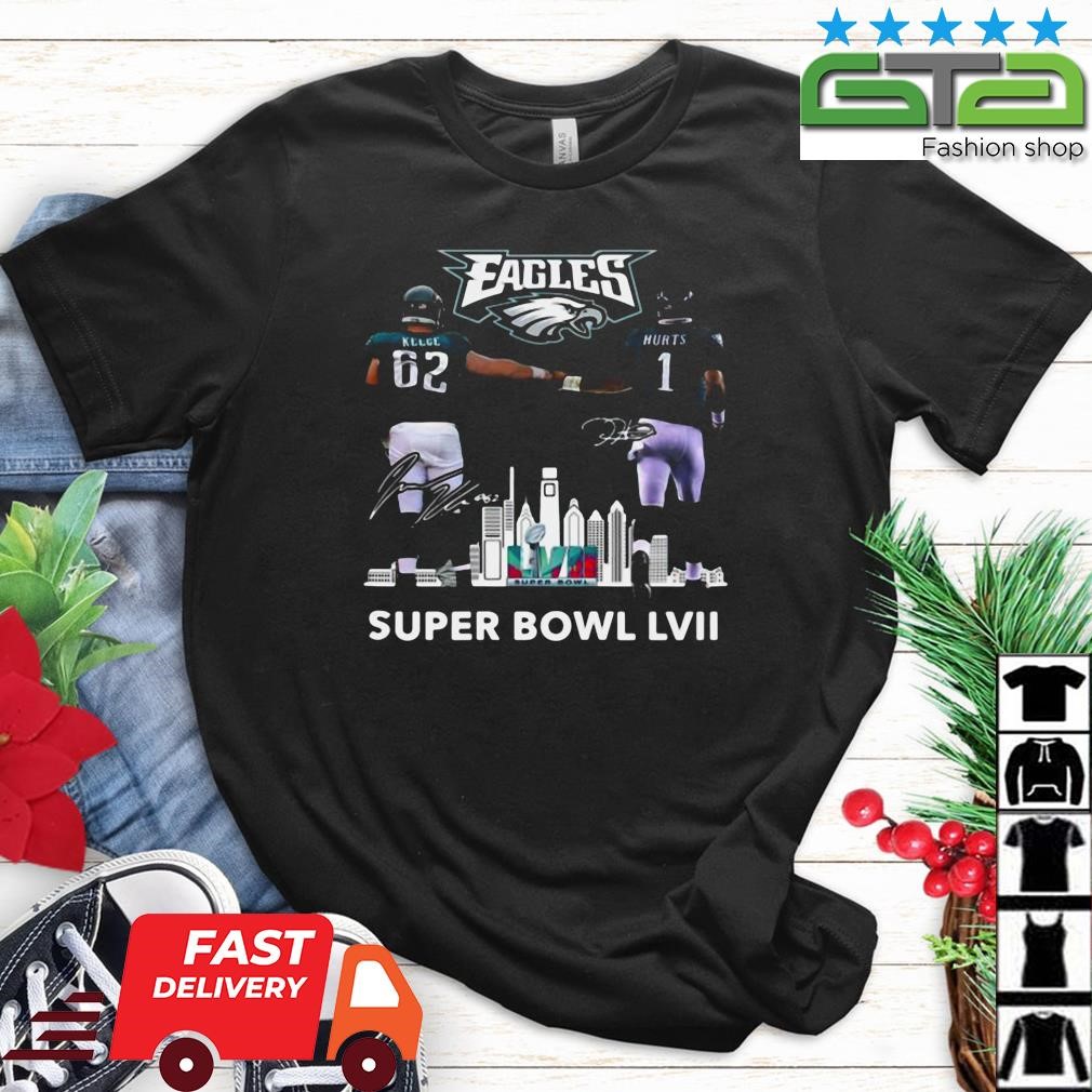 Super Bowl LVII 2023 Jalen Hurts And Travis Kelce Philadelphia Eagles Skyline Signatures Shirt