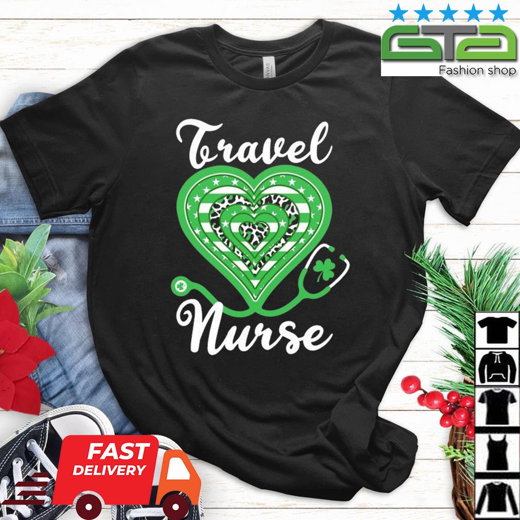 Travel Nurse Stethoscope Heart Us Flag Shamrock Leopard Shirt
