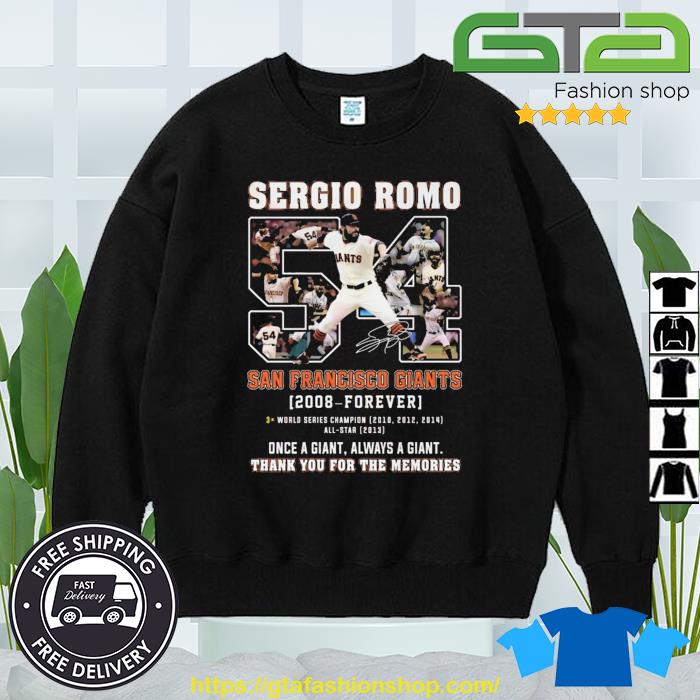 The San Francisco Giants' Sergio Romo dons a championship shirt