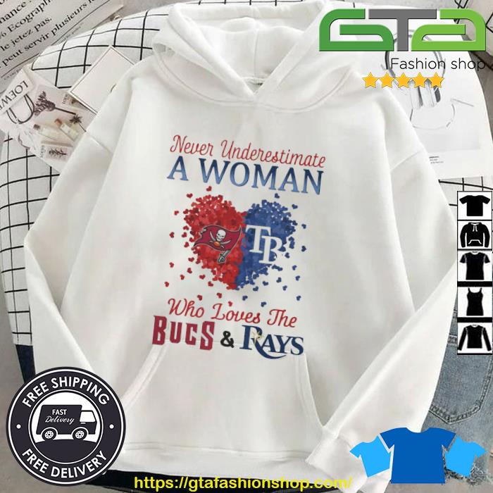 Get Never Underestimate A Woman Who Loves The Bucs And Rays Des Moines  Buccaneers Tampa Bay Rays NHL Shirt For Free Shipping • Custom Xmas Gift