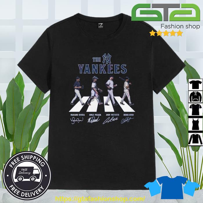 The Yankees Mariano Rivera And Jorge Posada And Andy Pettitte And Derek Jeter Road Abbey Signatures Shirt