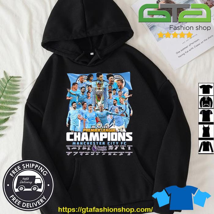 Original 2023 Premier League Champions Manchester City FC Premier League Logo With Trophy Man City Player Name With Signatures Right Hoodie