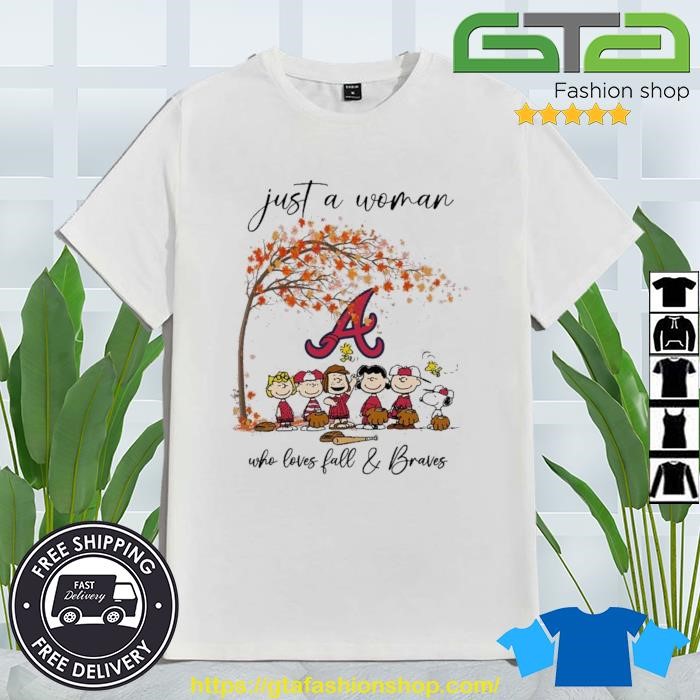 Just A Woman Who Loves Fall and Braves Peanuts Cartoon T-shirt