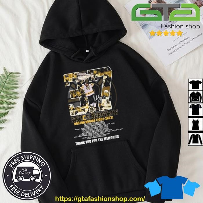 Patrice Bergeron 2003 2023 thank you for the memories signature shirt,  hoodie, sweater, long sleeve and tank top