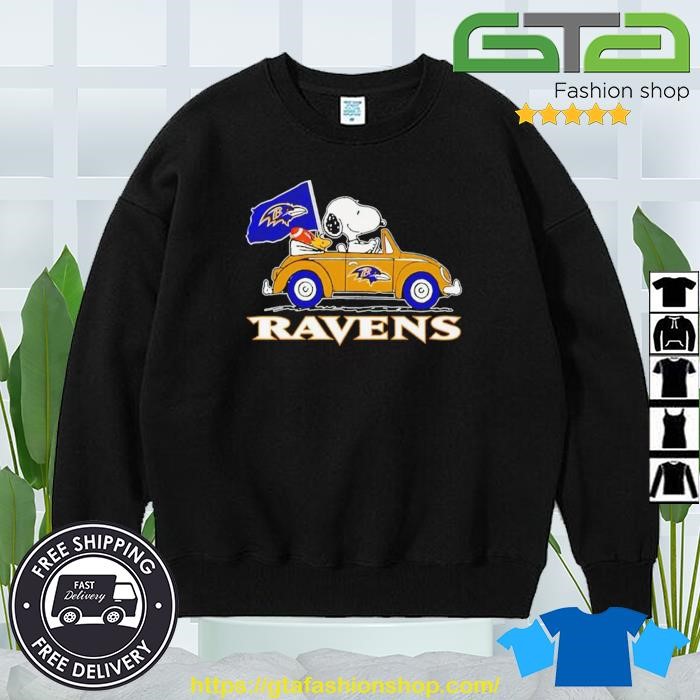 Snoopy drives car with baltimore ravens flag shirt, hoodie