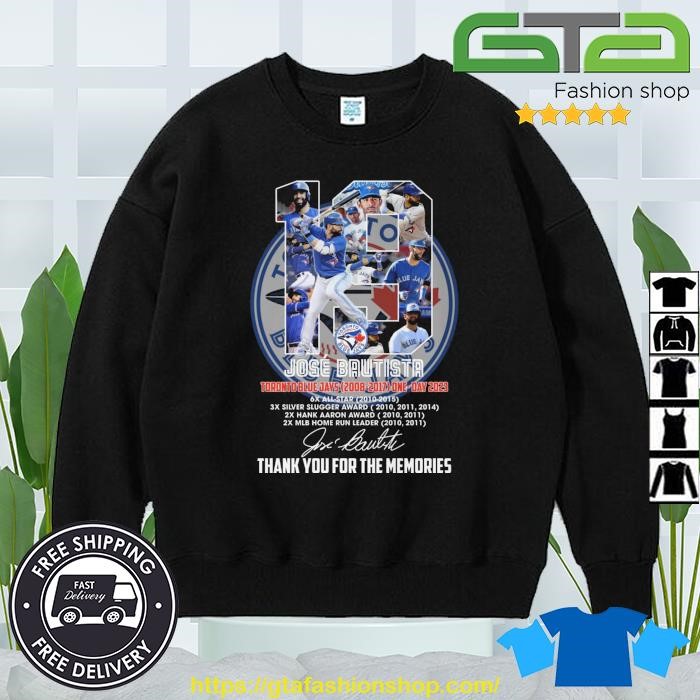 Jose Bautista Toronto Blue Jays 2008-2017 one day 2023 thank you for the  memories signatures shirt, hoodie, sweater, long sleeve and tank top