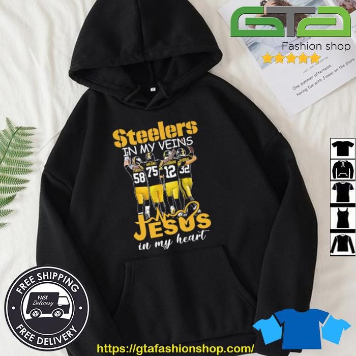 Official Pittsburgh Steelers In My Veins Jesus In My Heart Lambert Greene  Bradshaw And Harris T-Shirt, hoodie, sweater, long sleeve and tank top