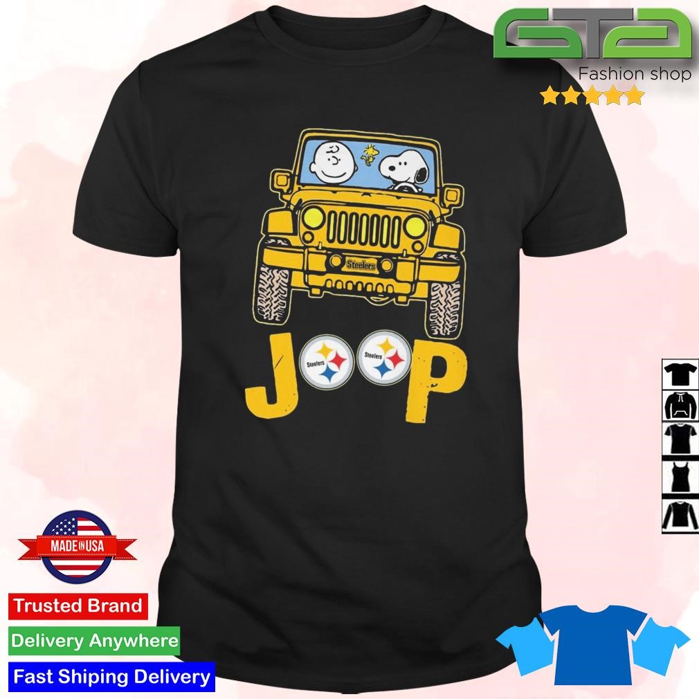 Peanuts charlie brown snoopy and Woodstock jeep Pittsburgh steelers shirt,  hoodie, sweater, long sleeve and tank top