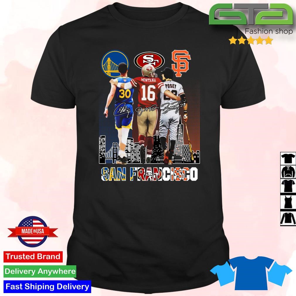 Official Logo San francisco sports stephen curry Joe Montana and buster  posey signatures skyline 2023 Shirt, hoodie, sweater, long sleeve and tank  top