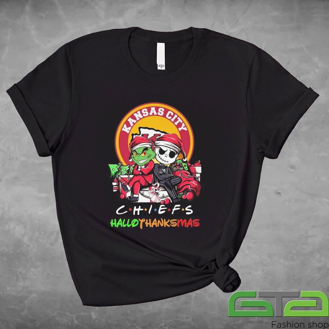 Official Grinch And Jack Skellington Kansas City Chiefs Halloween Thanks Christmas 2024 Shirt