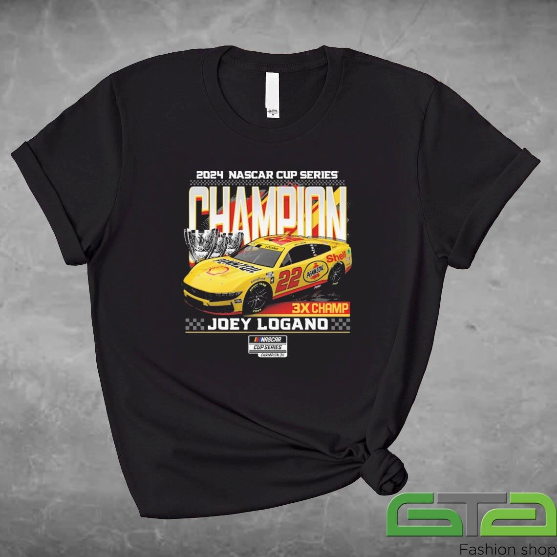 Official Joey Logano Team Penske Black Three-Time NASCAR Cup Series Champion Car T-shirt