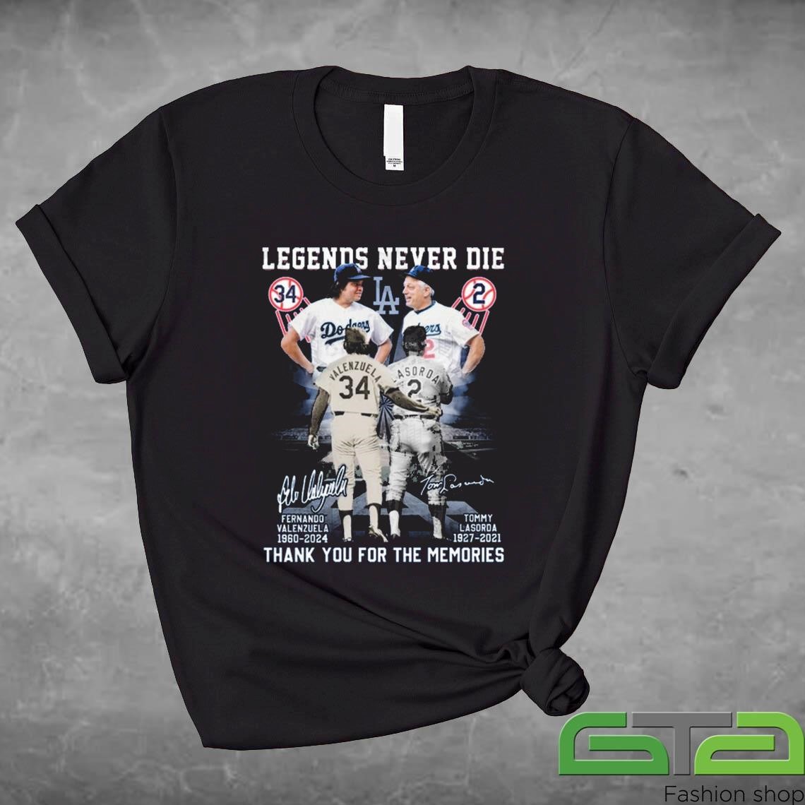 Official Legends Never Die Fernando Valenzuela x Tommy Lasorda Los Angeles Dodgers Thank You For The Memories Signatures T-shirt