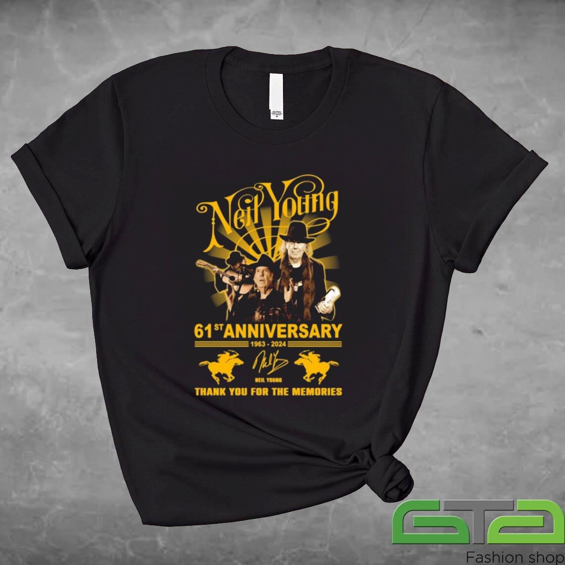 Official Neil Young 61st Anniversary 1963-2024 Thank You For The Memories Signature T-shirt