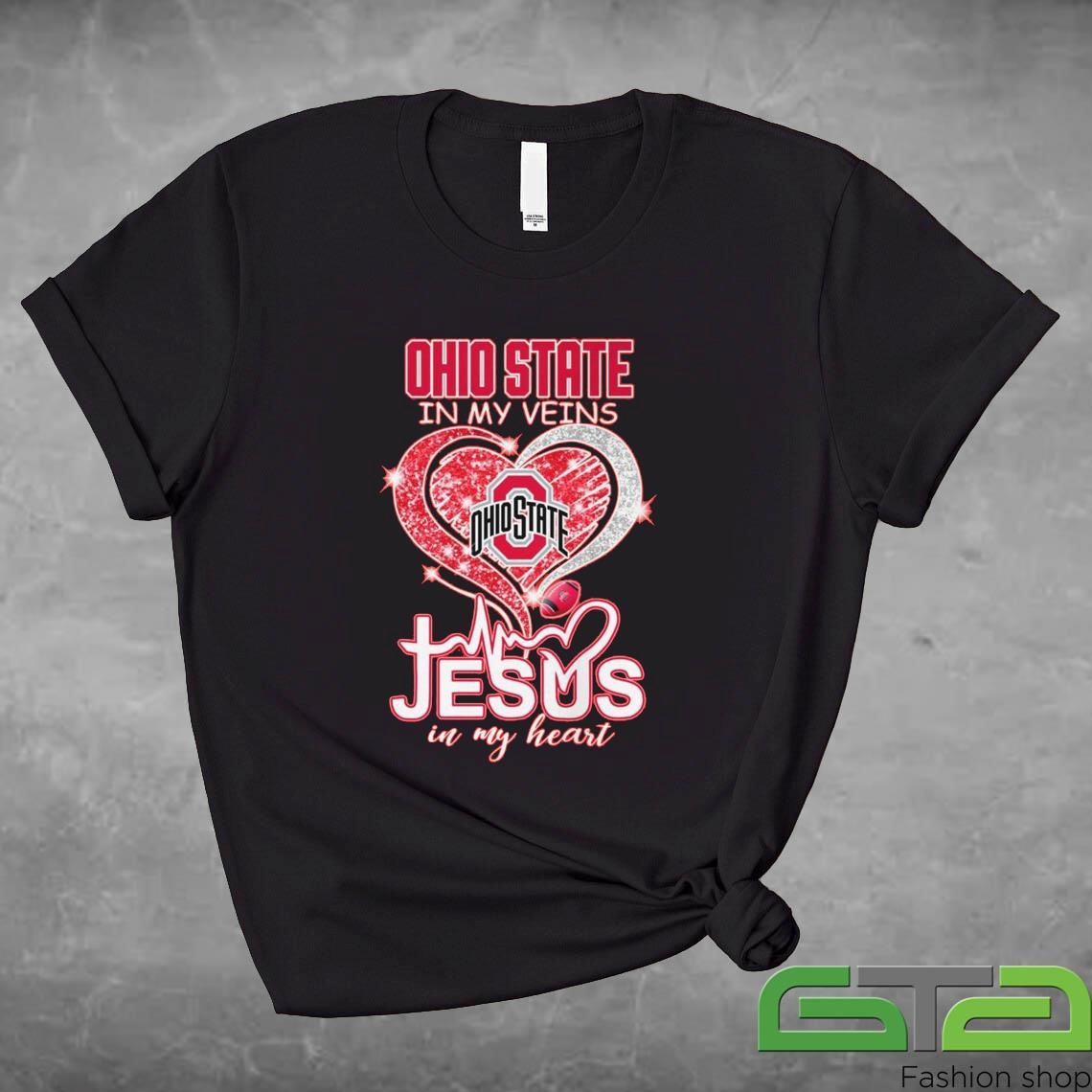 Official Ohio State Buckeyes In My Veins Jesus In My Heart Diamond T-shirt