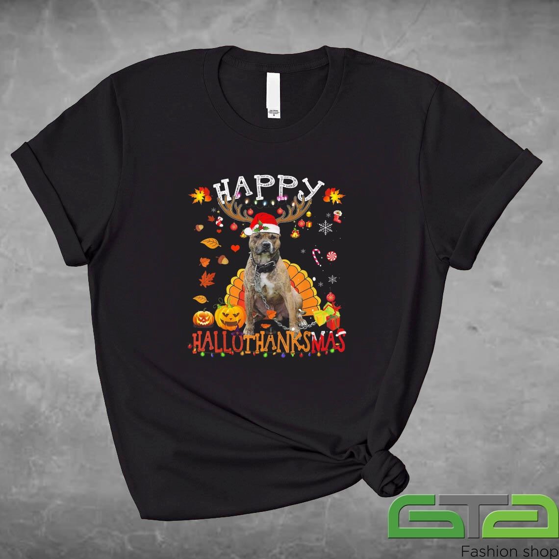 Official Pitbull Dog Happy Hallothanksmas Halloween Thanksgiving Christmas T-shirt