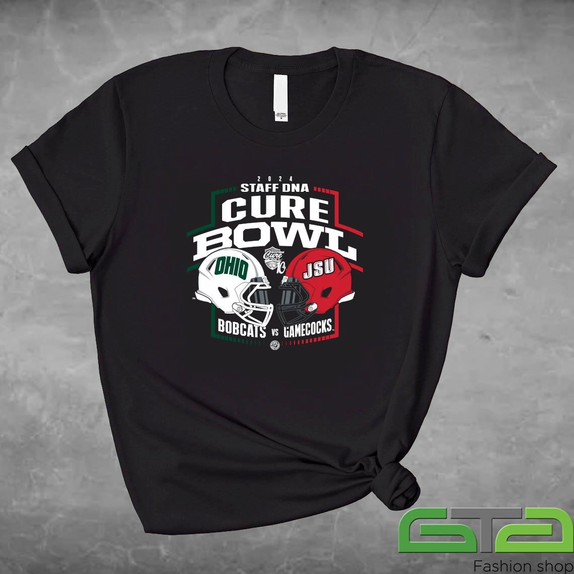 2024 StaffDNA Cure Bowl 2024 Ohio Bobcats Vs Jacksonville State Gamecocks Helmet Head To Head Shirt