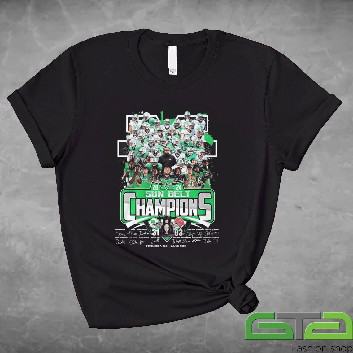 NCAA Marshall Thundering Herd 2024 Sun Belt Champions 31-03 All Players Signatures Shirt