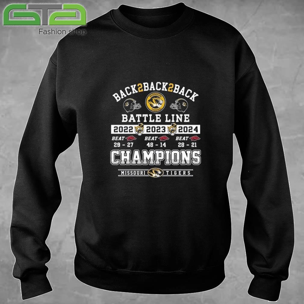 Official Missouri Tigers Back 2 Back 2 Back Battle Line 2022-2023-2024 Champions T-shirt