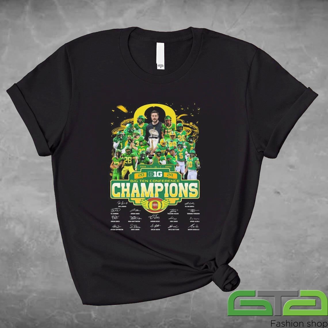 Official Oregon Ducks Big 10 Conference Champions Fan Celebrating 2024 Signatures T-shirt