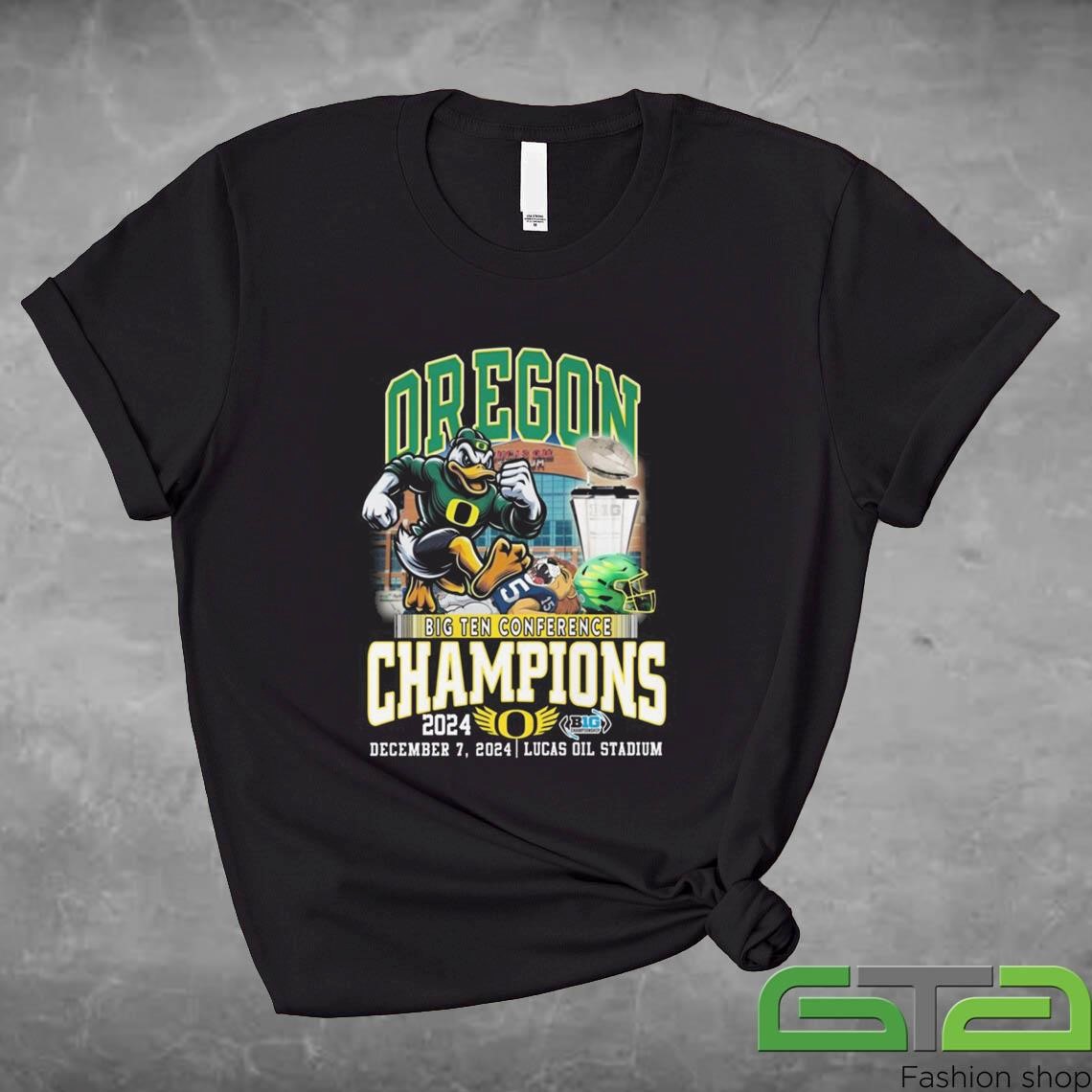 Official Oregon Ducks Big 10 Conference Champions In Lucas Oil Stadium December 7 2024 Mascot T-shirt