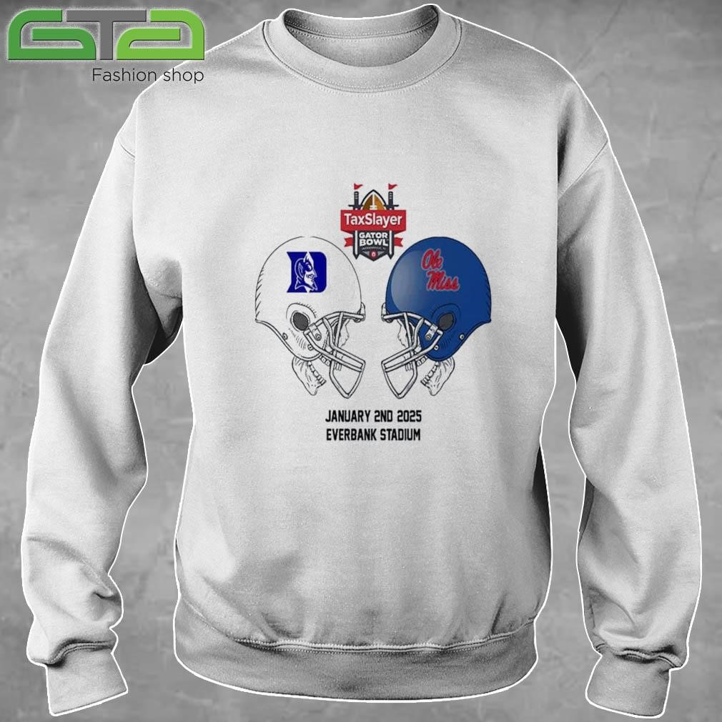 Official Taxslayer Gator Bowl NCAA 2024-2025 Bowl Games Duke Blue Devils vs Ole Miss Rebels At Duke Blue Devils Skull Helmet Head To Head T-shirt